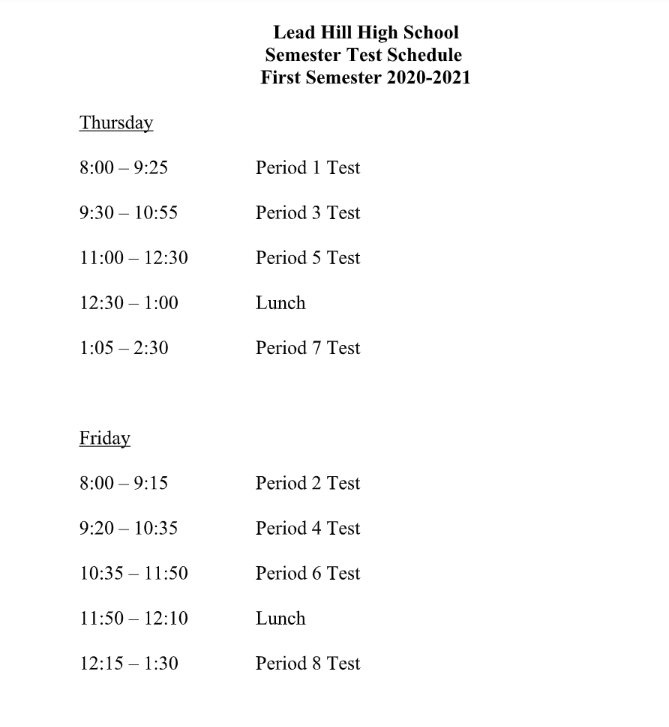 First Semester test Schedule: LHHS